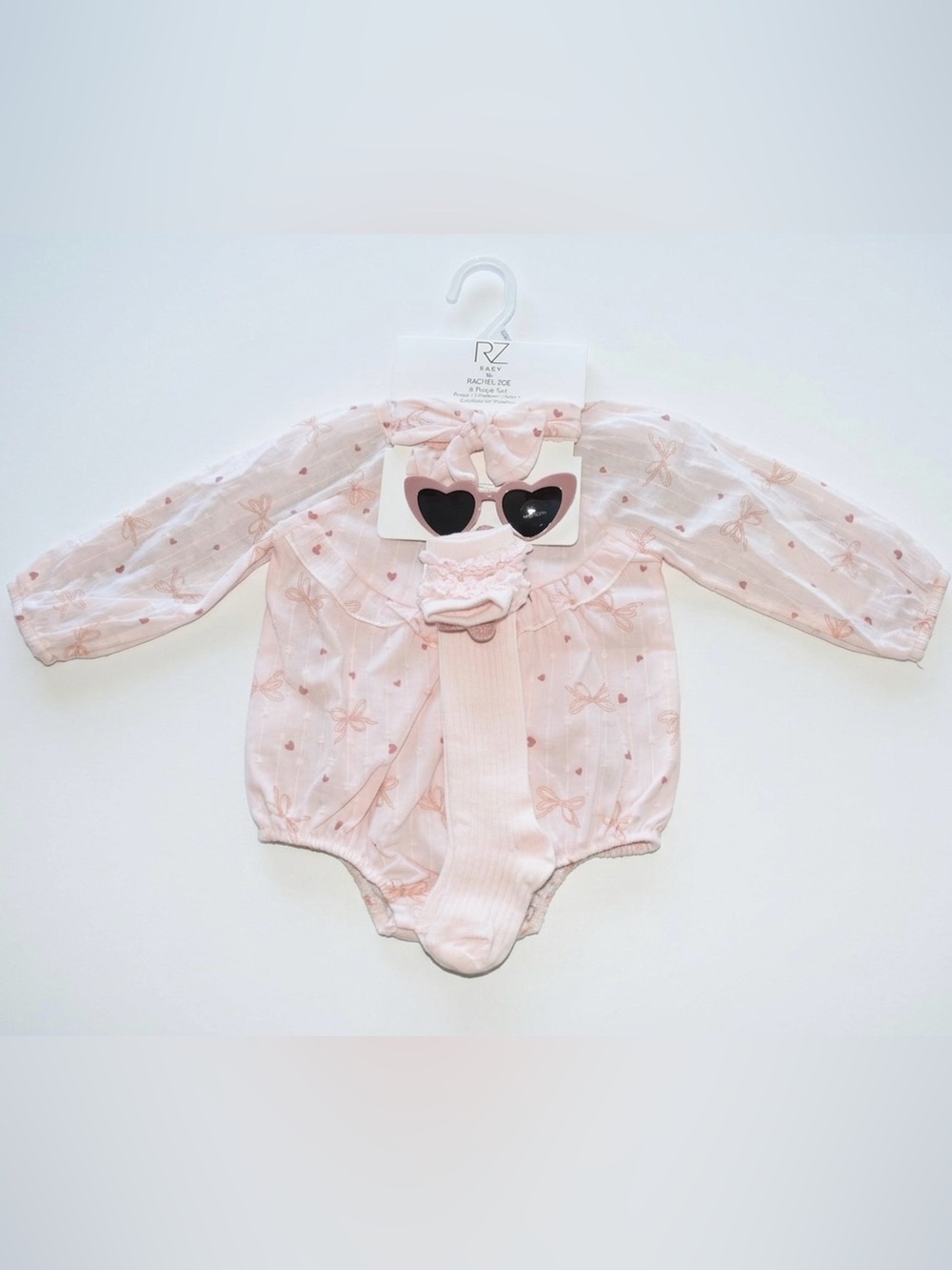 Rachel Zoe Baby Pink Bow Print Baby One-Piece with socks & Headband